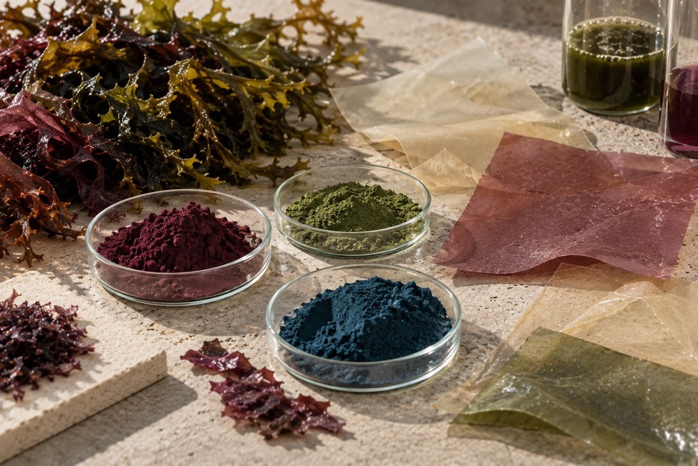 Red, green and blue pigment powders in glass dishes beside seaweed and thin films