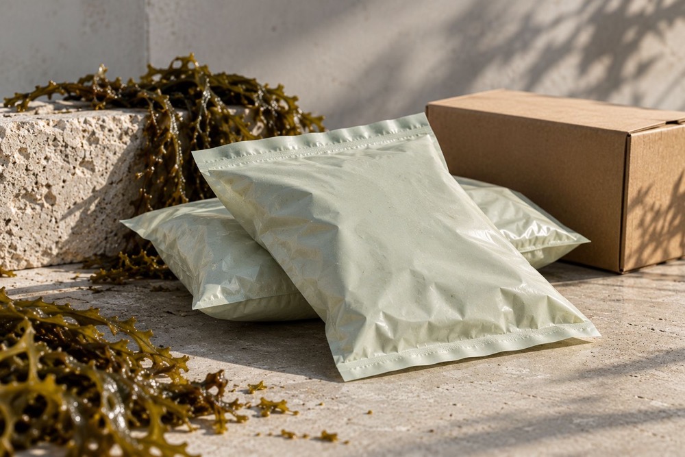 Pale green shipping bags next to seaweed and a cardboard box
